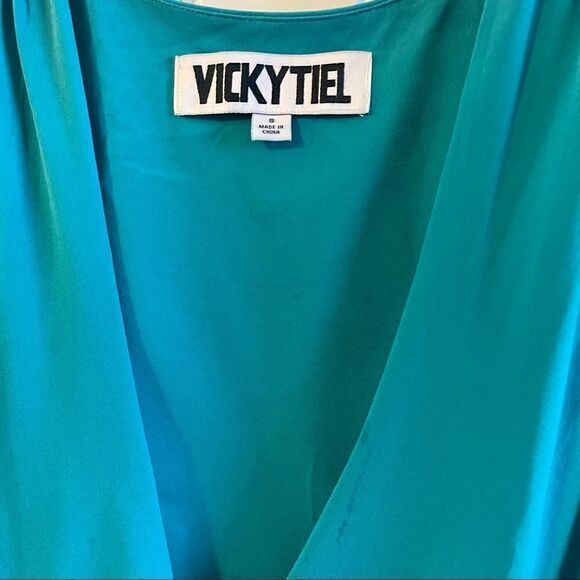 Vicky Tiel Vintage Teal Green Flutter Sleeve V-Neck Wrap Dress; SZ S; BNWT - Picture 5 of 10
